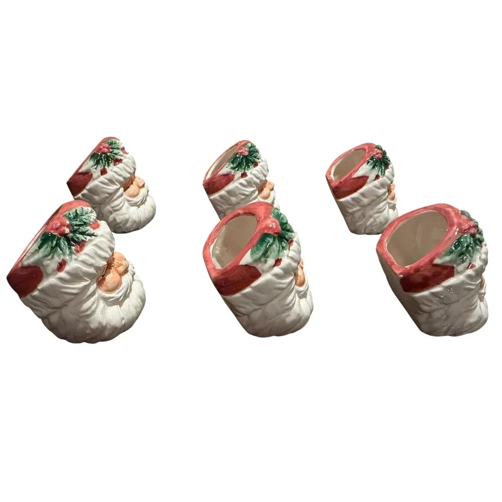 Vintage Ceramic Santa Head Napkin Rings Set of 6 Christmas Holiday Table